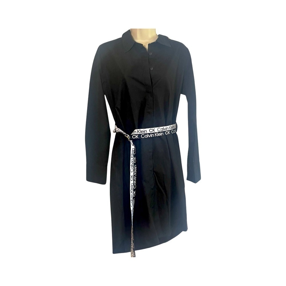CALVIN KLEIN Women Size M Black & White Logo Button Down Belted Shirt Dress